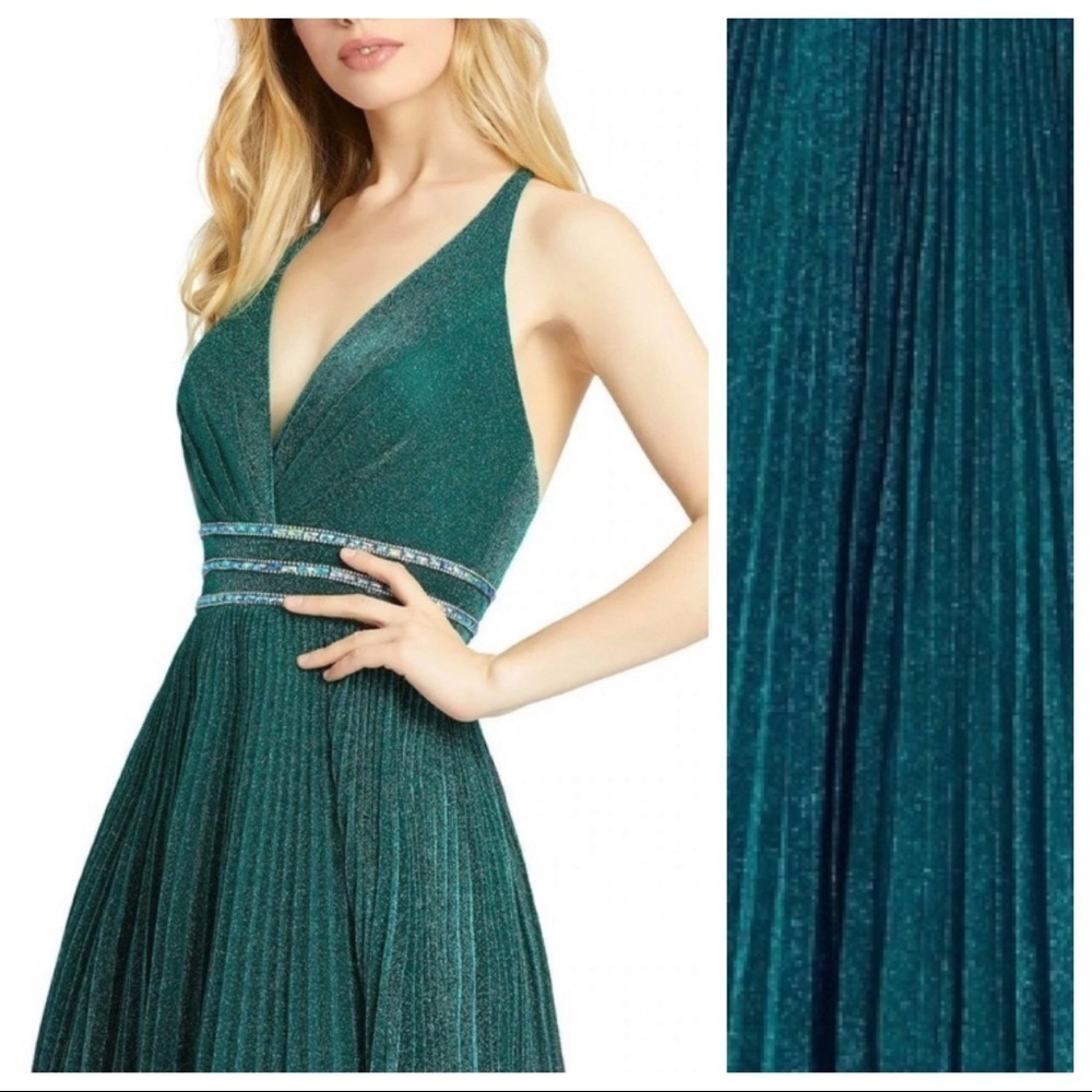 NWT Mac Duggal Green/Teal Embellished Sparkle A-Line Pleated Halter Gown Size 8 - Picture 3 of 11